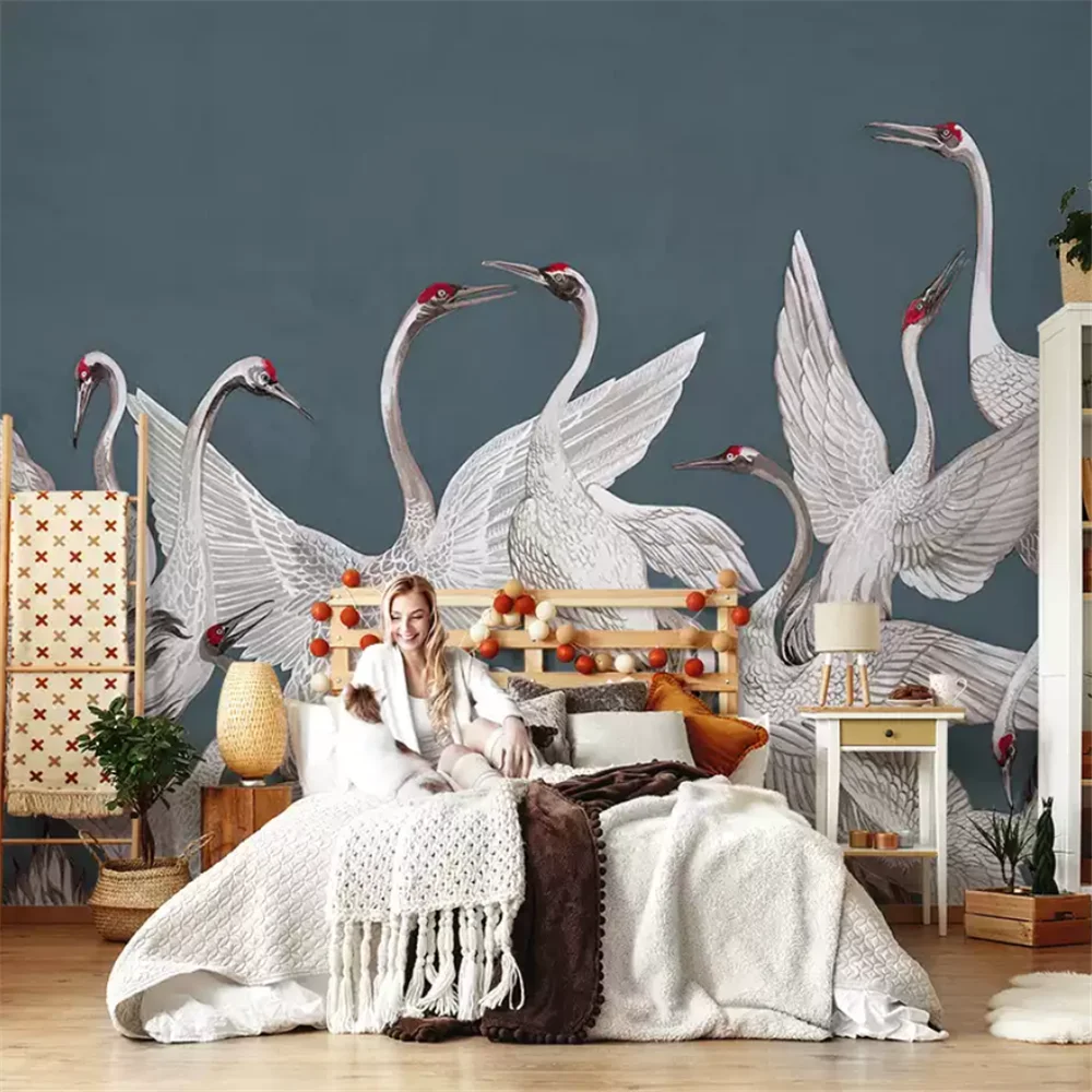custom 3D light luxury mural Japanese red crowned crane wallpapers for living room sofa TV background Grus japonensis wallpaper