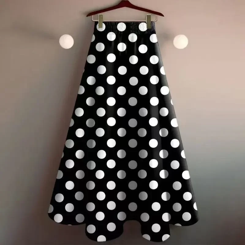 

Black And White Polka Dot A-Line Midi Skirt For Women Vintage Style Elegant Party Wear Loose Fit Natural Waistline