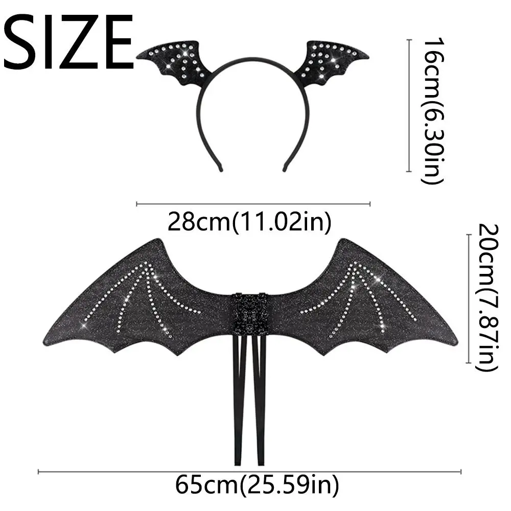 Glitter Bat Headband Wings Set Foldable Black Bat Costume Kit Iron Wire Durable Diamond Bat Mesh Wings Holiday Decorations