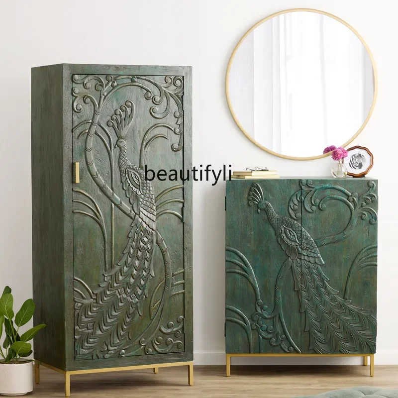 

French retro locker, American peacock carved single-door entrance storage cabinet, antique home decoration cabinet