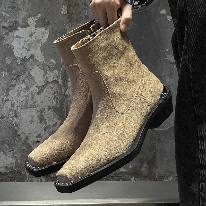 England style men casual party nightclub cow suede leather boots square toe designer shoes cowboy platform boot chelsea botas view 3