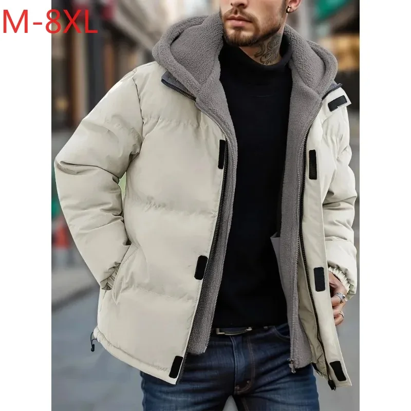 

Winter Windproof Men's Jacket Casual Fake Two Hooded Bread Coat Detachable Hood Zipper Front Long Sleeves Pockets Overcoat
