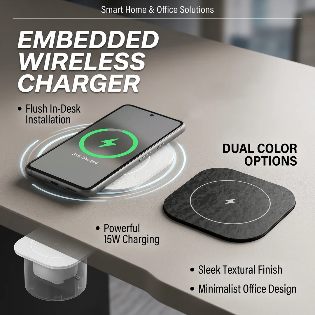 15W Built-in Wireless Charger Flush Mount Desktop Charging Station Black & White , US/EU/UK Plug Fast Charge for Office Home