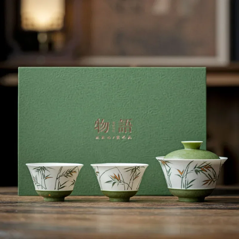 Hand-painted Gold-sprinkled Bamboo Ceramic One-cup Bowl and Two-cup Set Chinese Tea Set Gift Souvenir Colorful Tea Ceremony Cups