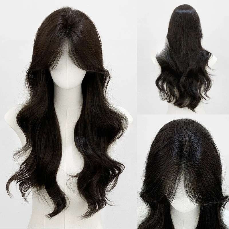 

Wig full head cover female long hair medium curly hair dark tea natural simulation