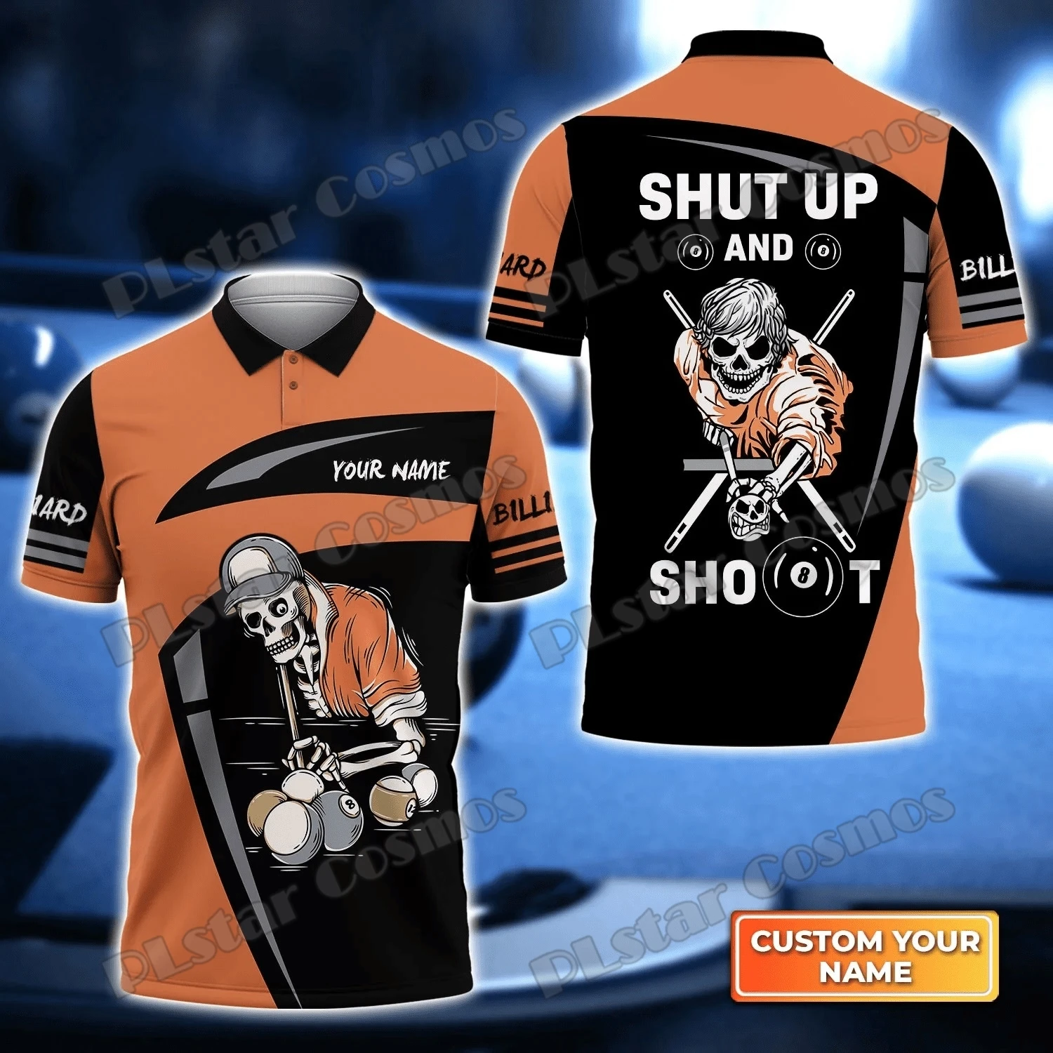 Custom Name Grim Reaper Play Billiard Shut Up And Shoot 3D Printed Men's Polo Shirt Summer Unisex Sports Casual Shirt POL85