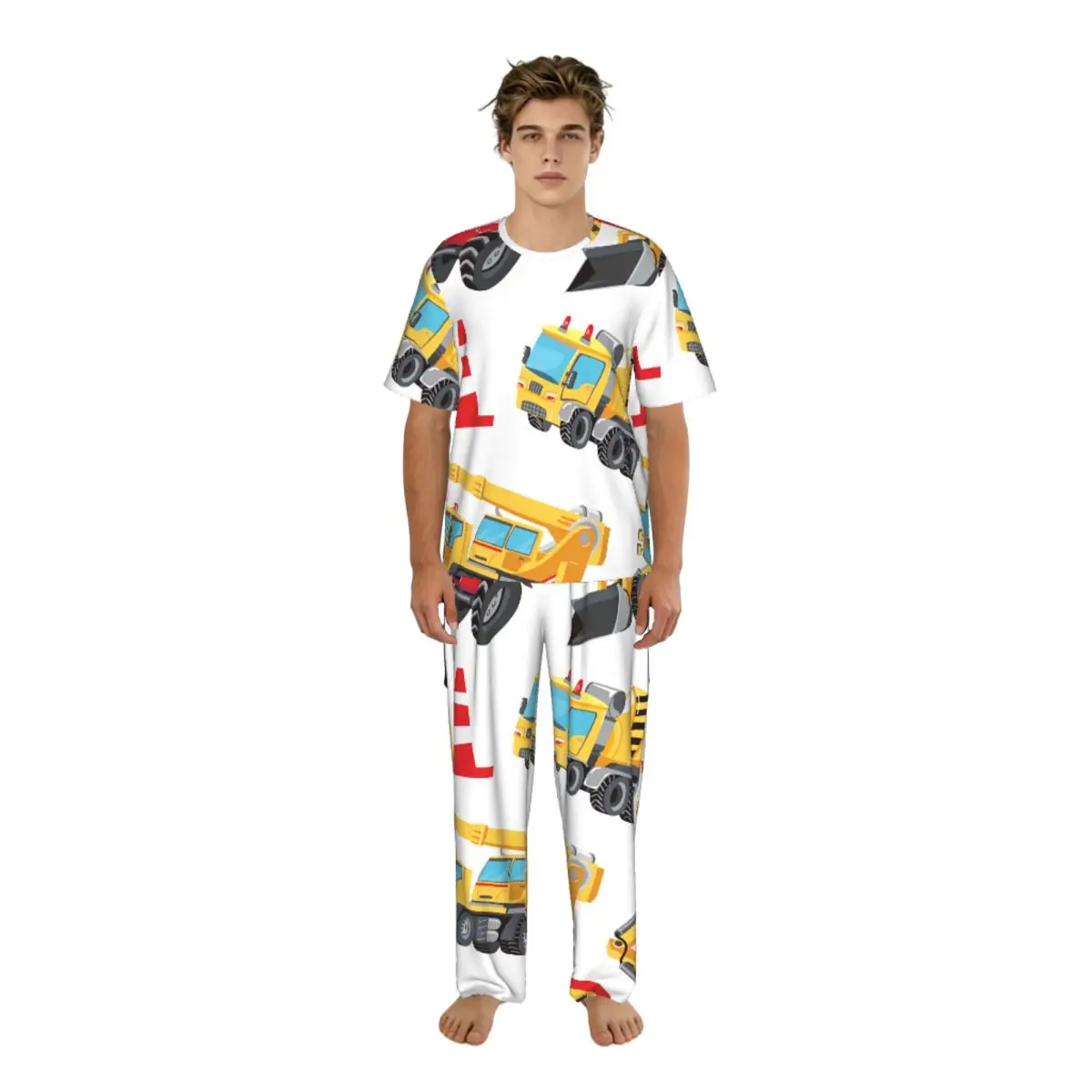 

Мужской пижамный комплект с изображением грузовиков, автомобилей и дорожных знаков, с короткими рукавами, весенне-летняя одежда для отдыха, мужская ночная одежда