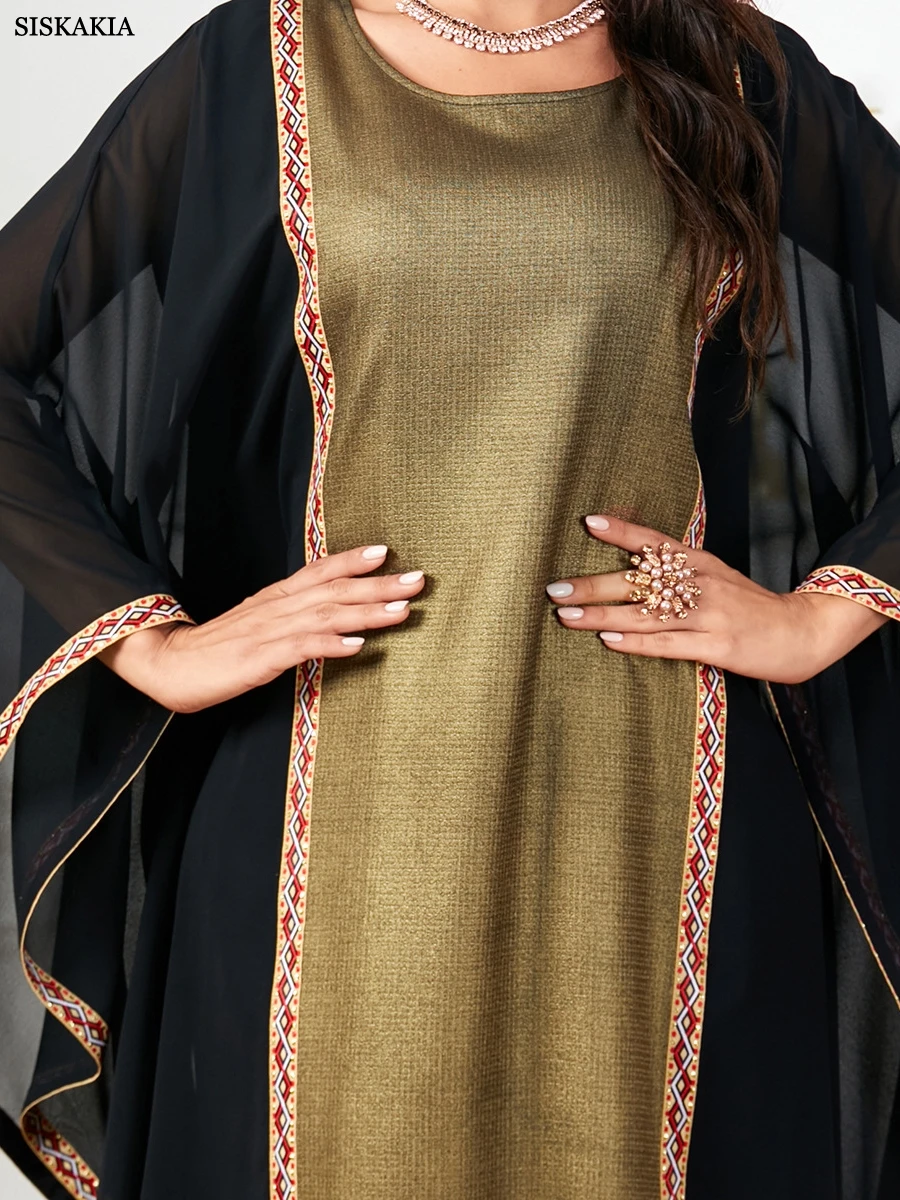 Siskakia Fashion Caftan Marocain Gold Stamping Tape Patchwork Crew Neck Batwing Sleeve Loose Casual Muslim Woman Abaya Kimono