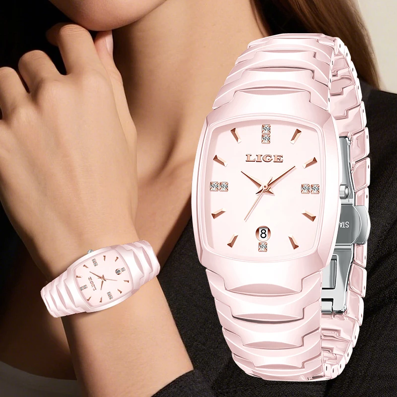 LIGE Women's Wristwatch Elegant Bracelet Fashion Luxury Gift Calendar Ceramic Women Watch Quartz Exquisite Pink Clock Reloj+BOX