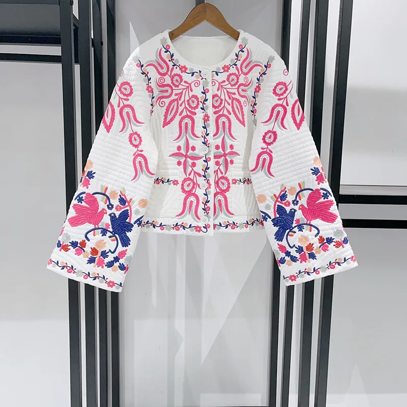 Damska kurtka vintage z haftem, okrągły dekolt, długi rękaw, luźna, wygodna, ciepła bluzka damska na zimę.