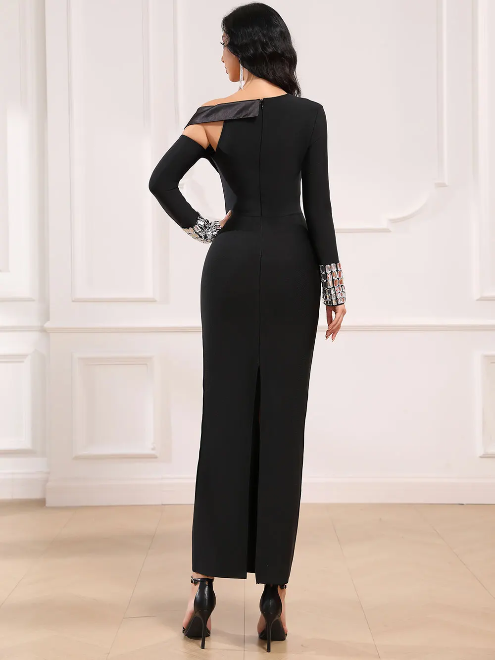 2023 frühling frauen Sexy Asymmetrische Verband Kleid mit Diagonal Kragen Langarm Perlen Design Bodycon Langes Kleid Party Vestidos