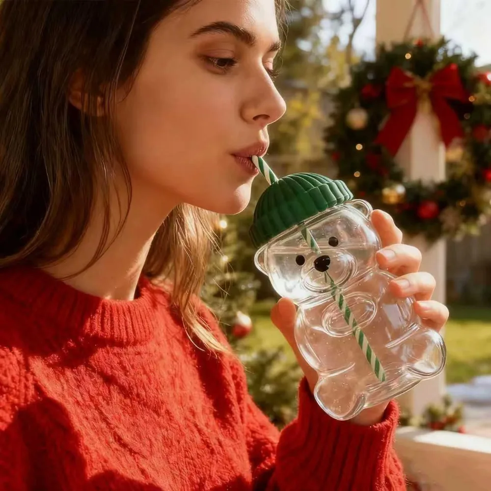 Novo para starbucks animal bonito urso palha vidro transparente para homens mulheres aniversário presente de natal xícara de chá de leite com palha