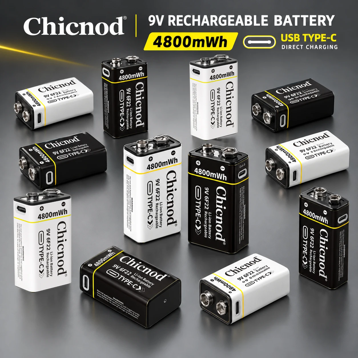 CHICNOD 9V 4800mWh Rechargeable Li-ion Battery USB Type-C Direct Charging Black White Constant Voltage for Microphone Pedal Toys