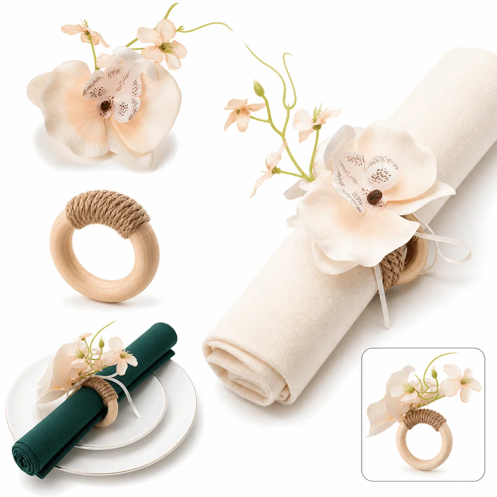 Wooden Base Napkin Ring Handcrafted Nordic Style Flower Napkin Fastener Orchid Lightweight Napkin Holders