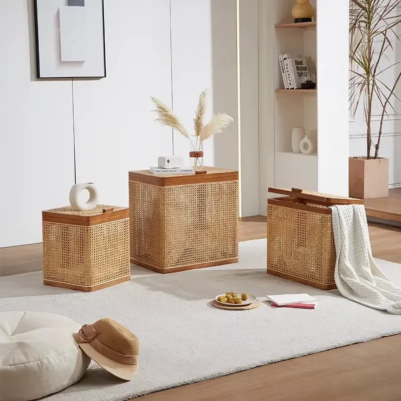 Solid Wood Rattan Storage Stool Multi-functional Home Organizer Side Table Furniture for Living Room Bedroom Apartment Indoor