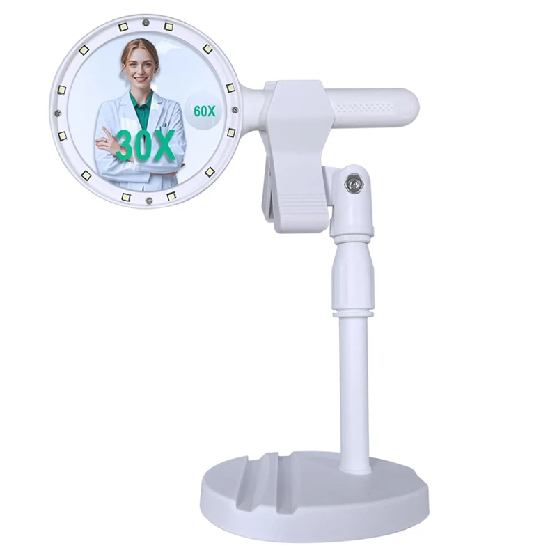 Magnifying Glass With Light,30 X 60 Times Rechargeable Large Lens,12 LED 3 Modes Lighting Magnifier For Elderly, Reading