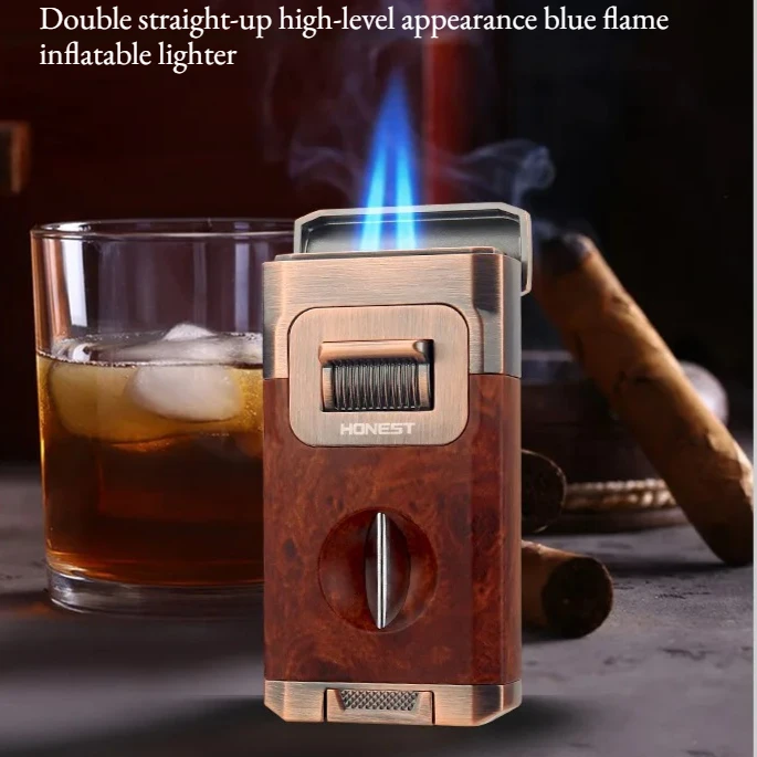 Double Straight-acting High-level Appearance Blue Flame Inflatable Lighter with Cigar Cutter and Cigar Accessories
