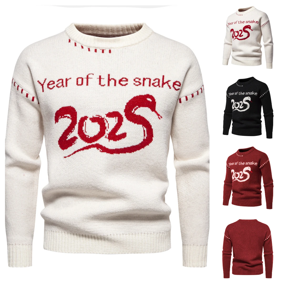 Men's 2025 Year of The Snake Print Long Sleeve Tight Cuff Crew-neck Sweater Fashion Casual Jumper