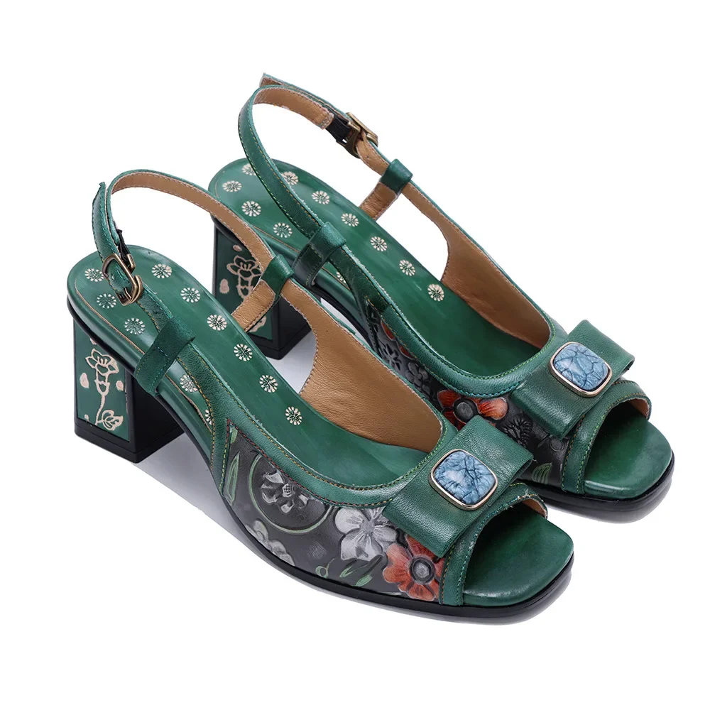 Careaymade-Summer Handmade Carving printing Painted Genuine Leather Women's Shoes Comfortable Thick Heeled High Heeled Sandals