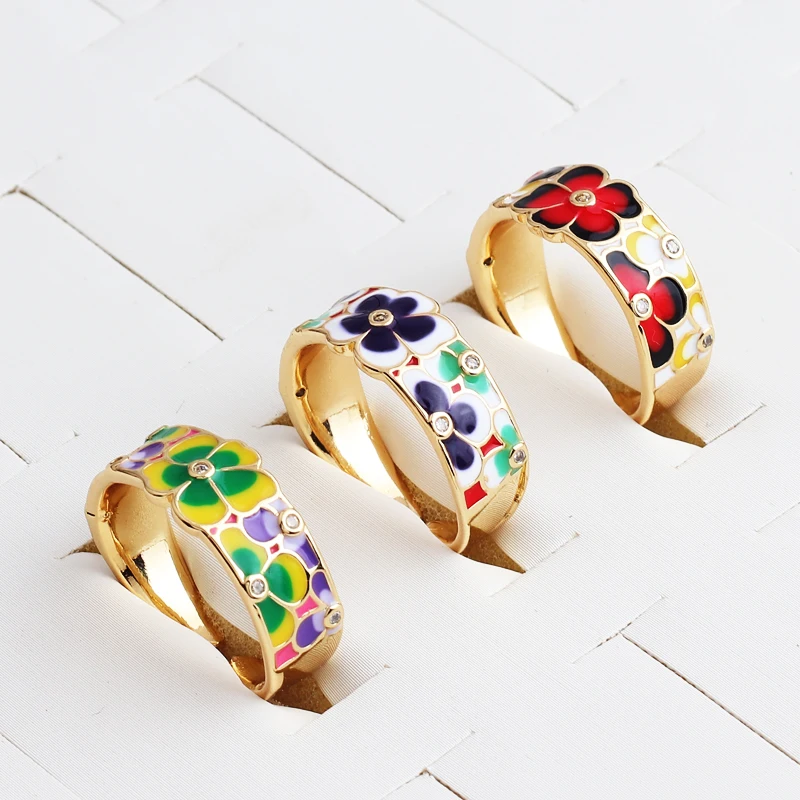 New Colorful Glaze Enamel Rings Metal Engrave Flower Ring Geometry Irregular for Women Girls Travel Jewelry