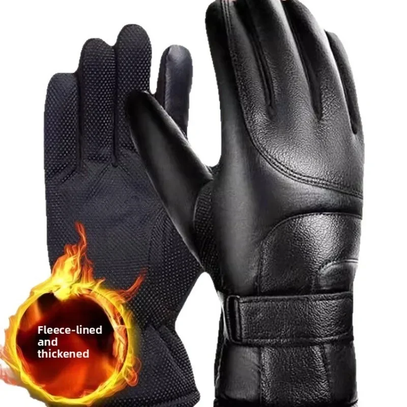 Winter Motorcycle Riding Protective Leather Gloves for Men Fleece Thickened Windproof Waterproof Touch Screen Cycling