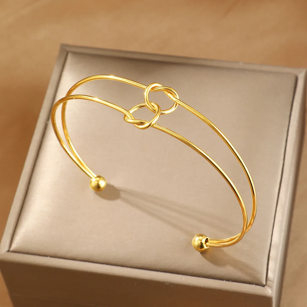 Trendy Round Circular Open Knot Double Heart Cuff Bangle Bracelets For Women Elegant Gold Color Jewelry Noeud Armband Pulseiras