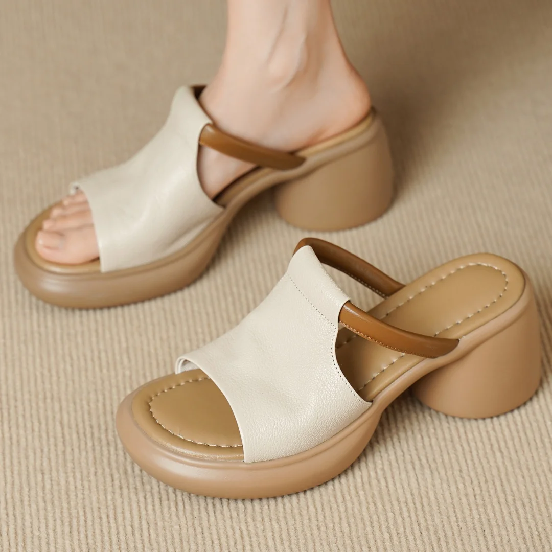 

danxuefei 2026 summer new women's sheepskin t-strap open toe slip-on summer slides sandals 7cm round high heel platform shoes