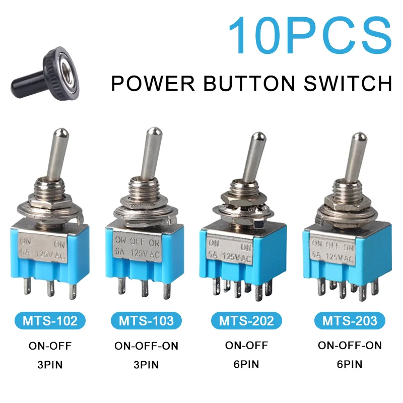 10 szt. Mini przełącznik dźwigniowy 1/4 cala montaż jednobiegunowy podwójny rzut ON-OFF-ON/ON-ON 6A125V/3A250V MTS-102 103 202 203