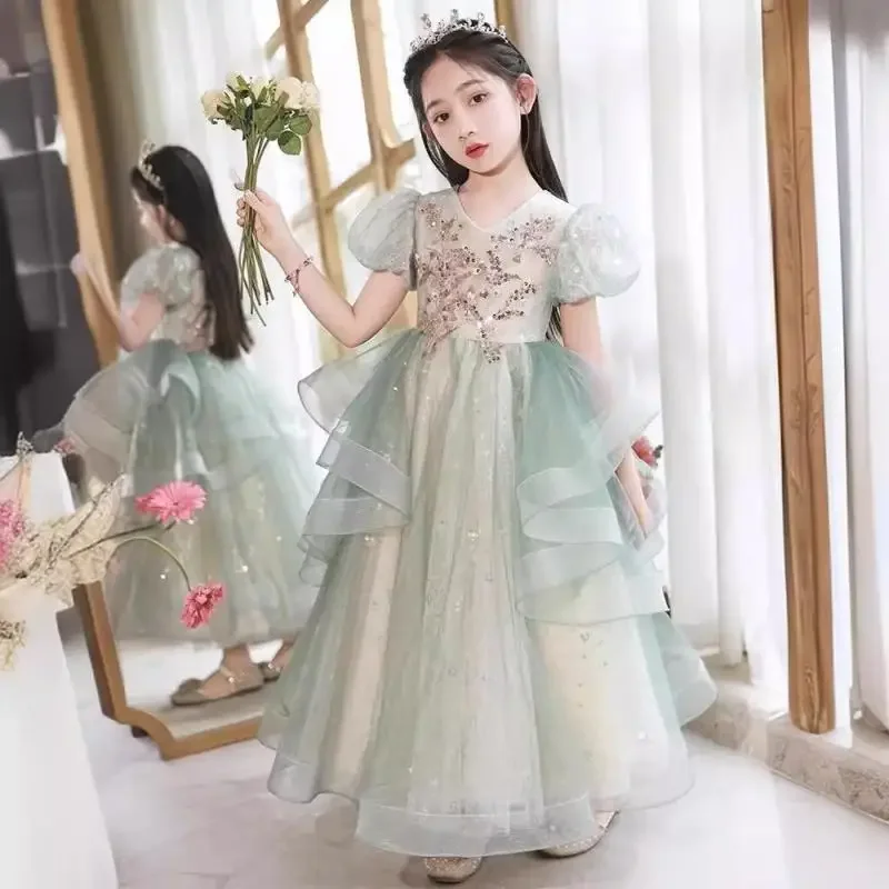 Classic V-Neck Bubble Sleeves Girl Princess Dress Children Tulle Evening Dresses Trend Performance Costume for Kids Girls