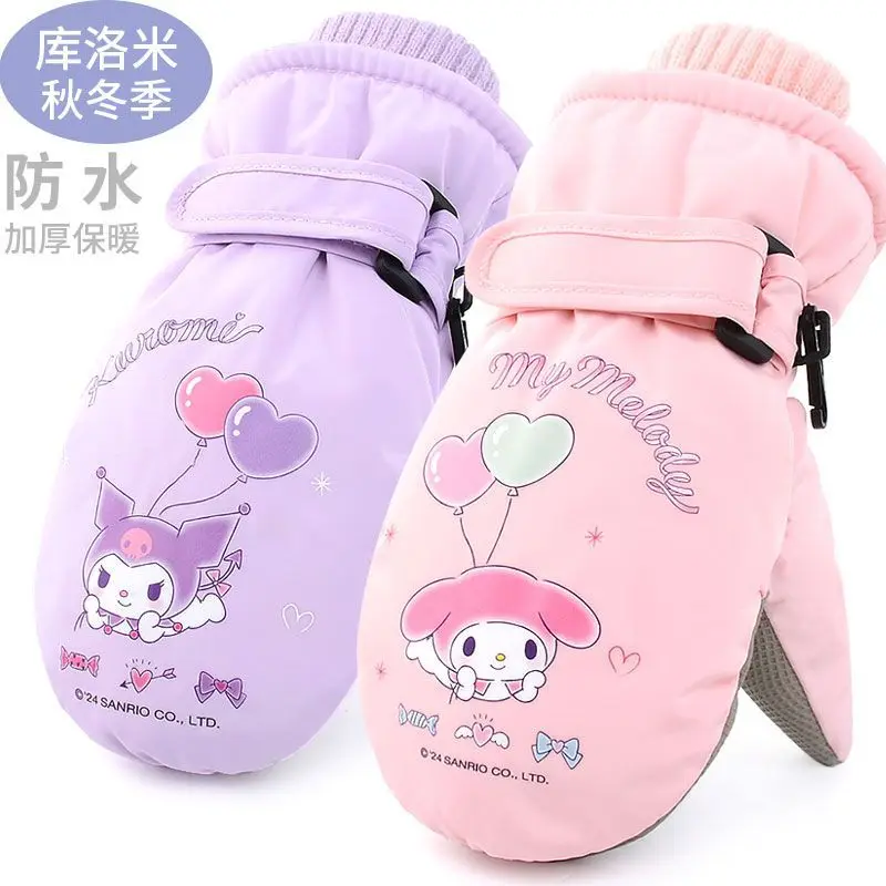 Sanrio Kuromi-guantes de esquí con estampado kawaii para niños, de terciopelo, para evitar el frío, mantener el calor e impermeables, para invierno