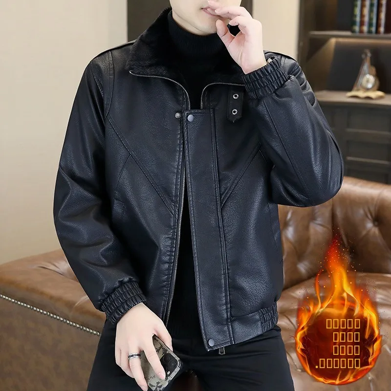 

Повседневная универсальная кожаная куртка с воротником из тюэта, меховая интегрированная молодежная длинная застежка-молния, цветная искусственная кожа...