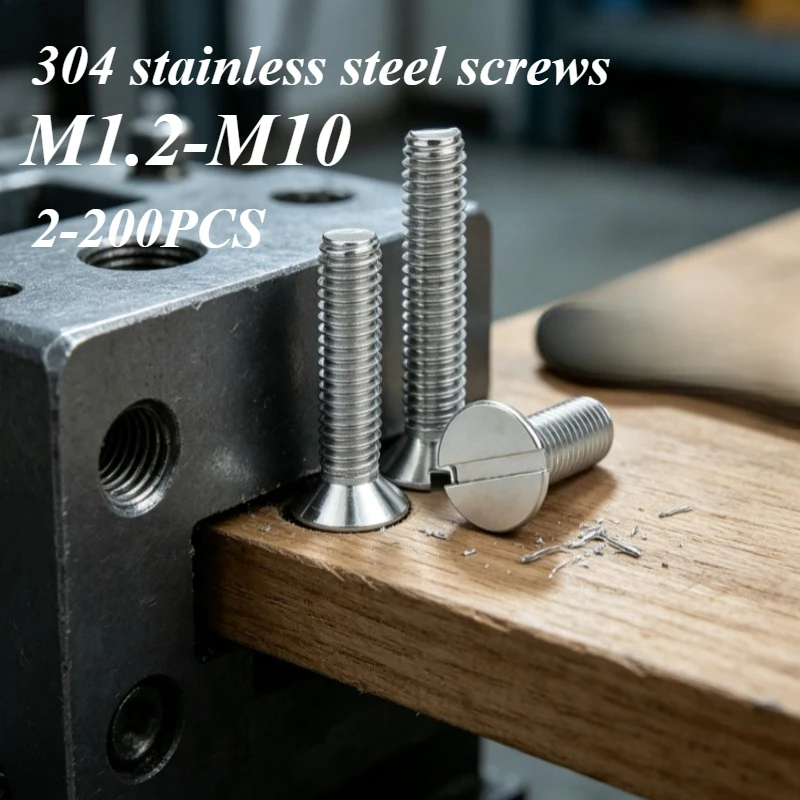 2-200pcs Slotted Countersunk Head Screws 304 Stainless Steel Flush Flat Machine Screw Bolt M2.5 M3 M4 M5 M8 Industrial Fastener