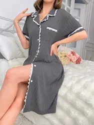 Women's new style lapel short-sleeved nightdress lace edge pocket home wear