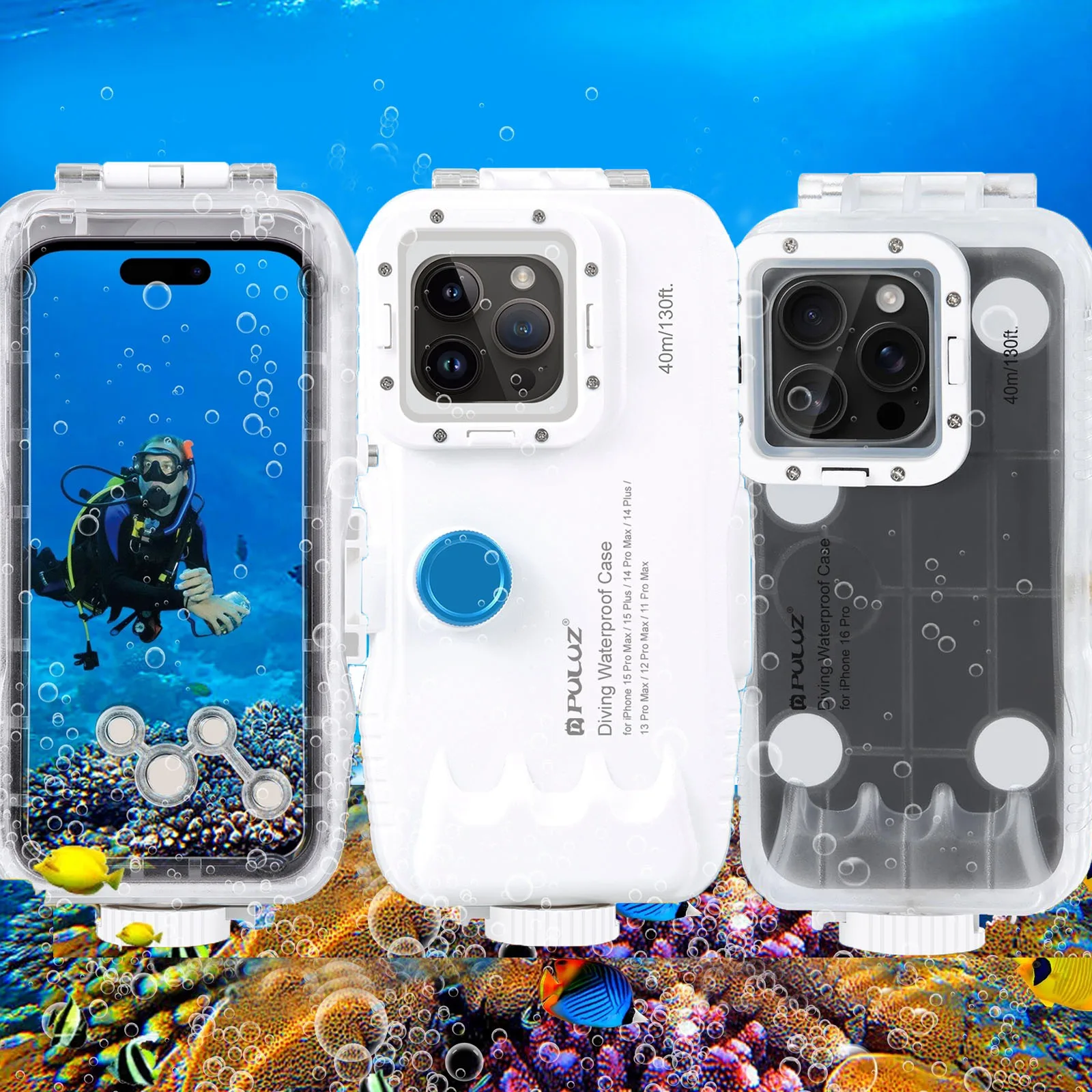 

PULUZ 40m/130ft Waterproof Diving Case for iPhone 16 15 14 13 12 11 Pro Max Plus Photo Video Taking Underwater Housing Cover