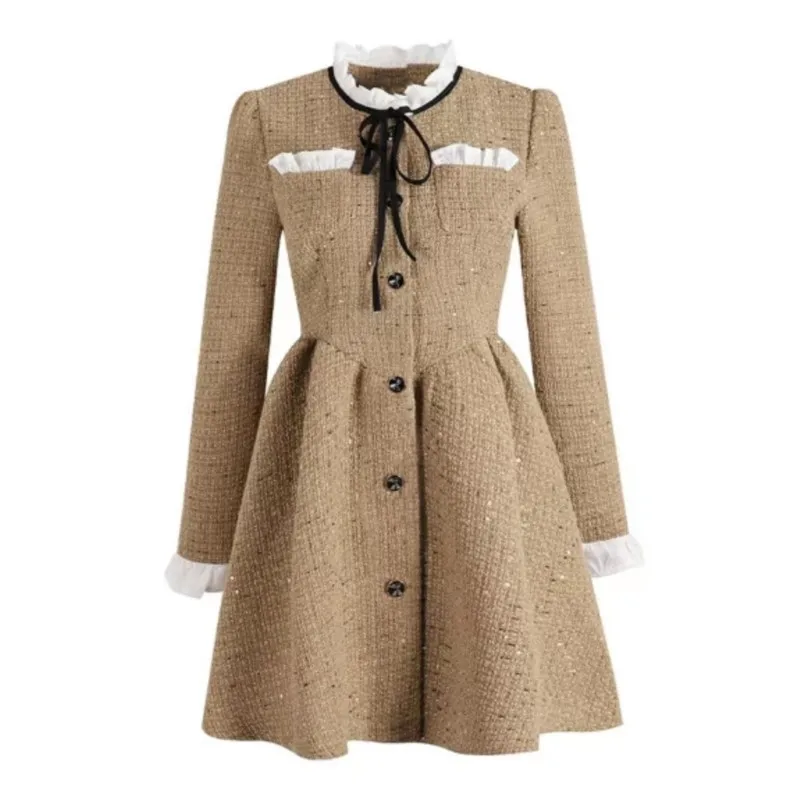 

Elegant Stand Collar Khaki Tweed Dress A-line Vintage Autumn Short Dress Lace-up Ruffle Patchwork Sweet Chic Women Dresses