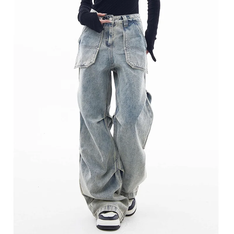 

American Folded Design ket Workwear Jeans Loose Wide Leg Paratrooper Pants Spring Autumn Retro High Street Long Trousers