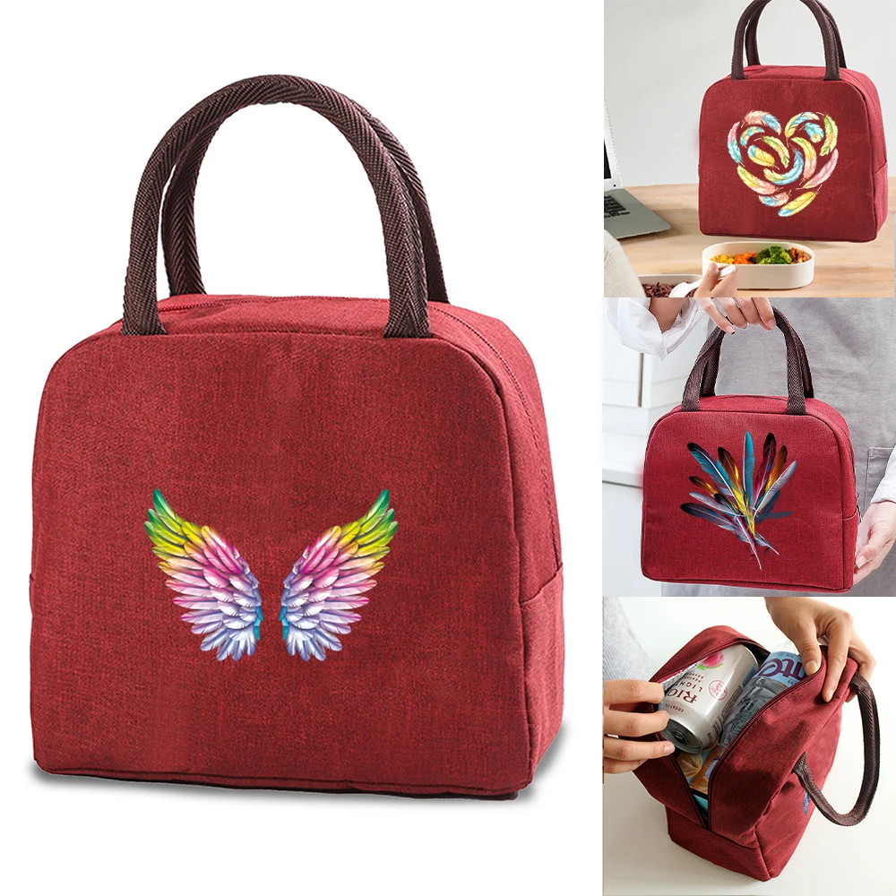 

Lunch Bag Portable Large Capacity Feather Printing Series Women Lunch Box Picnic Food Bag Zipper Thermal Food Storage