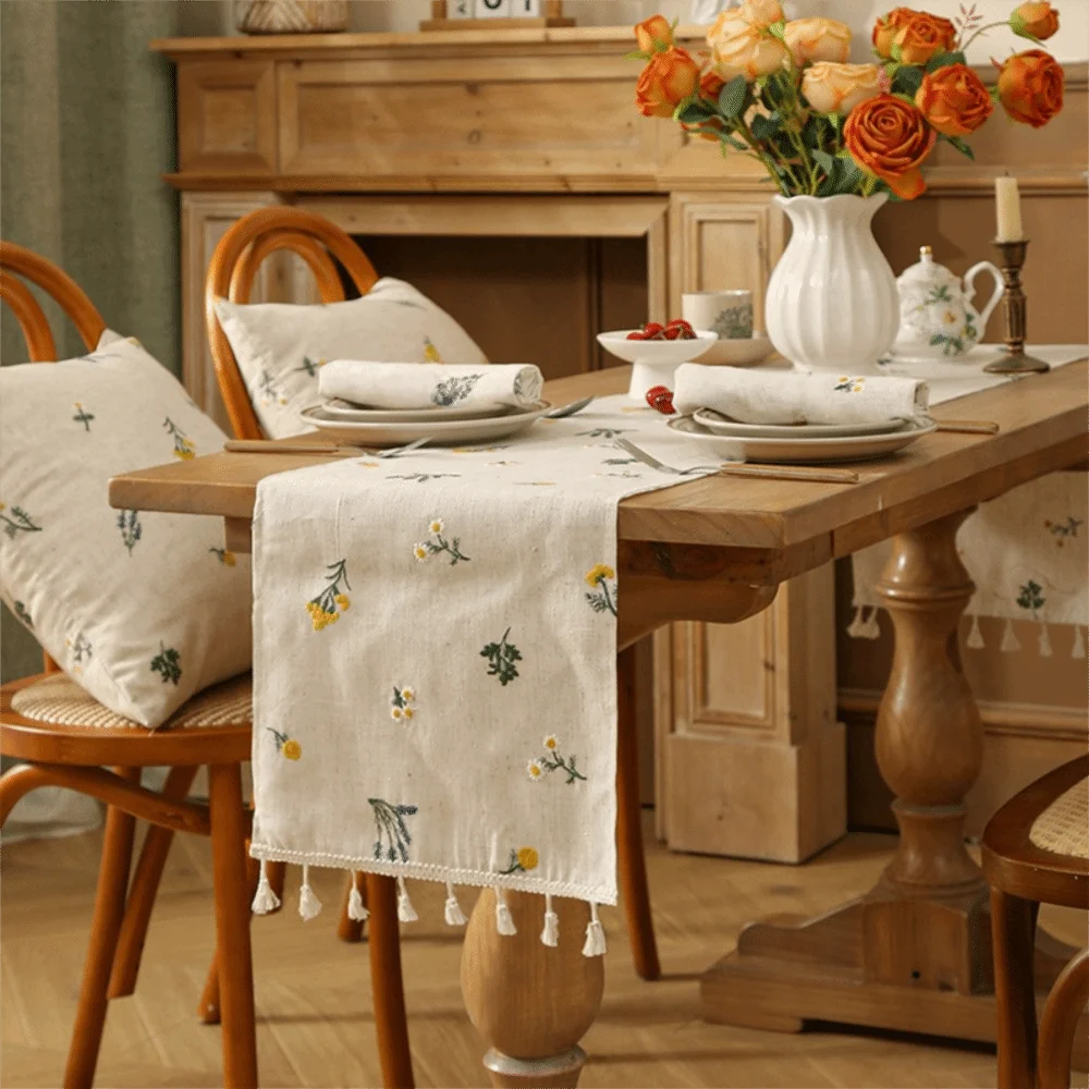 Rustic Style Linen Embroidery Table Runner Flower/Cactus Pattern Long Strip TV Cabinet Cover Decorative with Tassel Table Cloth