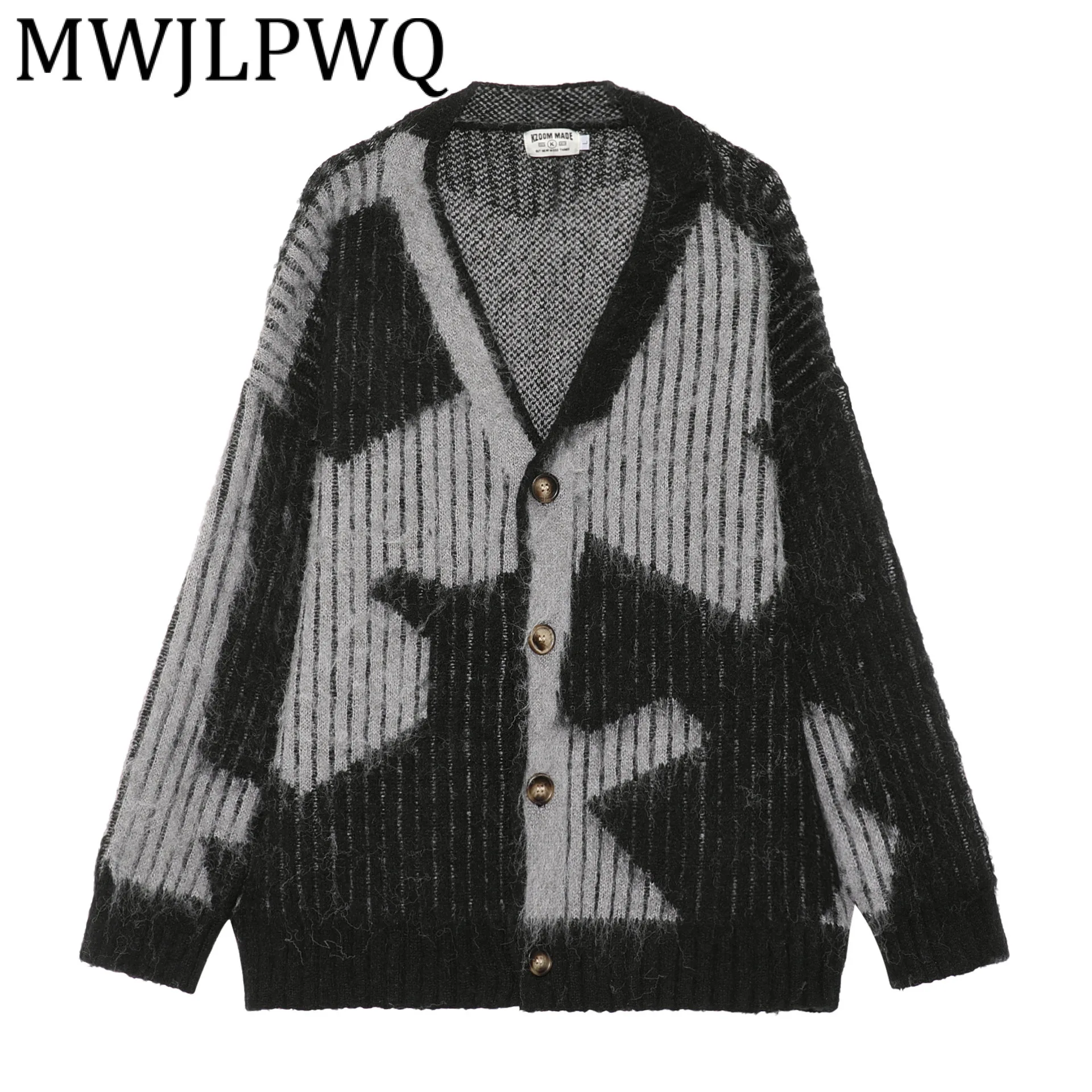 

MWJLPWQ осенне-зимний свитер в рубчик с цветными блоками, мужской вязаный однобортный флисовый кардиган в американском уличном стиле, топы 21325