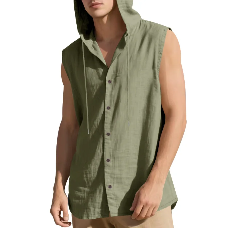 

2026 Summer Linen Men's Casual Sleeveless Shirt Vest Hooded Solid Color Loose Shirt Men