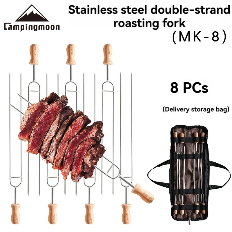 Outdoor Nonstick Camping BBQ Hot Dog Skewer Durable Stainless Steel Bonfire Foldable Camping double prong BBQ Skewer