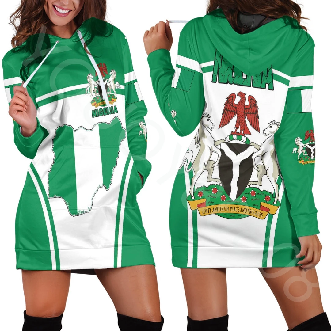 

New Africa Zone Hoodie Women's Fashion Printed Slim Dress Sweatshirt Dress - Nigeria Event Flag Hooded Dress Pullover