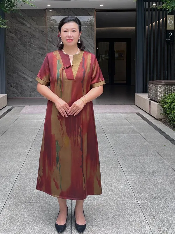 2025年新作-大きいサイズ-シルク-ママ向け-半袖ワンピース-大きめサイズ-中華風-中高年女性向けワンピース-純正シルクスカート
