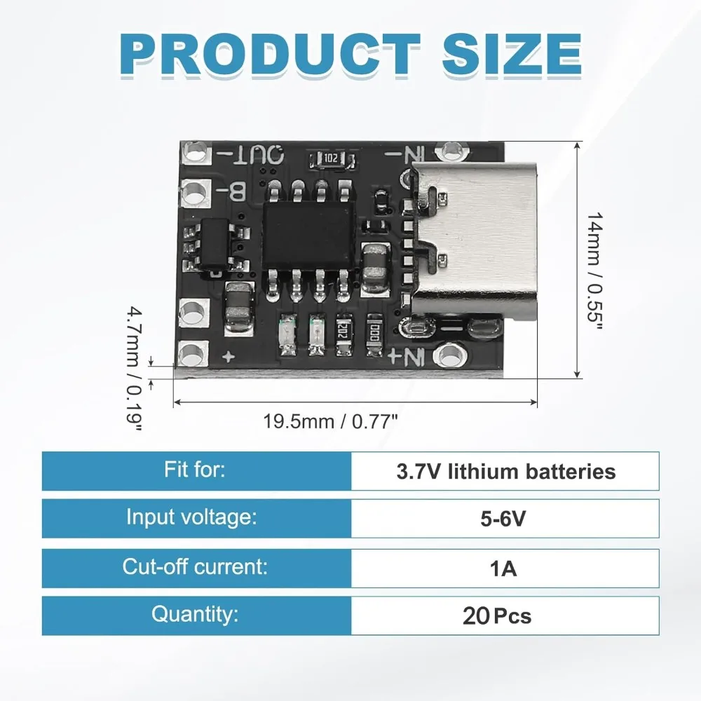 1-20PCS Universal USB Type C Charging Board 3.7V Lithium Battery Charger Board Over Module with Protection Circuit Connectors