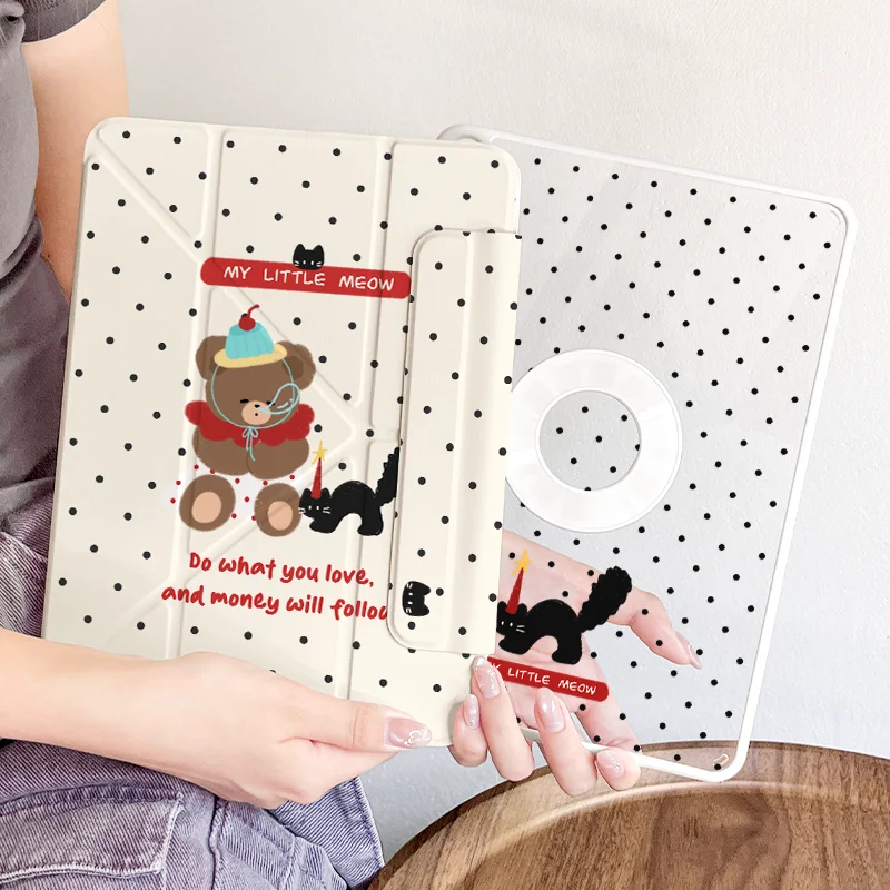 Fluffy Black Cat Magnetic Detachable Ring 3+Y Fold Case for iPad 2026 Air11 10.9/11 Inch, Mini6/7, Auto Wake & Sleep