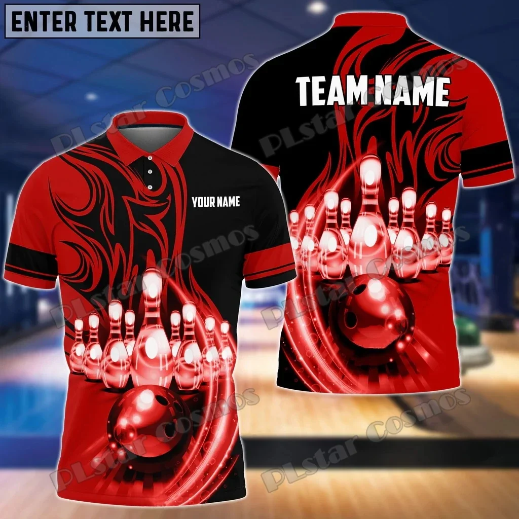 Flame Bowling Ball Break Pins Multicolor Custom Name 3D Printed Men's Polo Shirts Summer Casual Unisex Premium Polo Shirt PLP46