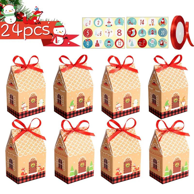 24Sets Christmas Advent Calendar Gingerbread House Shape Gift Boxes Countdown Treat Box Xmas Party Favor Wrapping Supplies