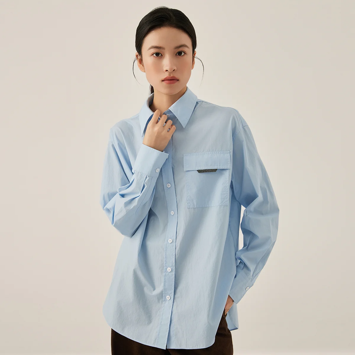 

KW7523332 Women's Classic Button down Cotton Shirt Long Sleeve Chest Pocket Blouse 100% Cotton Fall Clothing