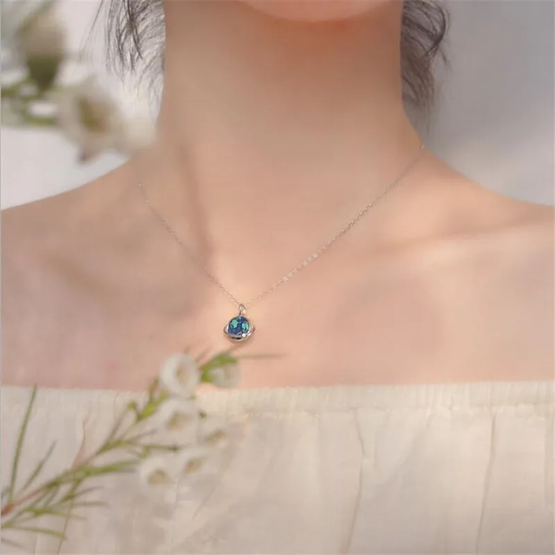 New Gradient Blue Green Earth Color Dreamy Cute Planet 925 Sterling Silver Jewelry Lover Gift Clavicle Chain Necklaces HZX547