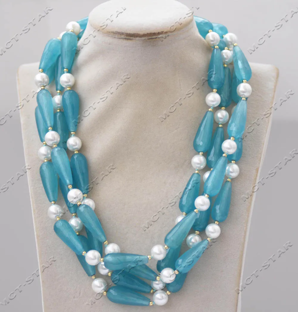 

Z13249 4Row 20" Blue Faceted Drop Jade Round White Round Shell Pearl Necklace Custom Jewelry